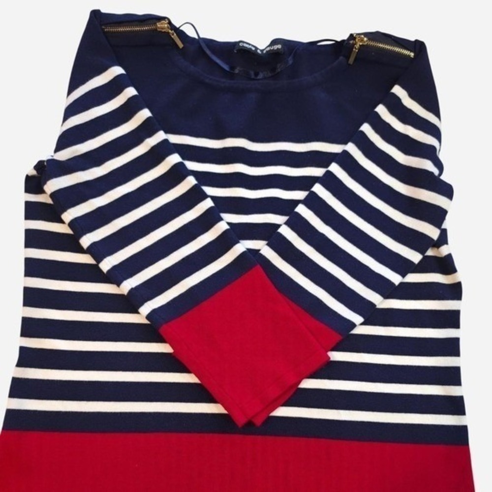 Cable & Gauge Navy White Stripe Red Colorblock Nautical Sweater Gold Shoulder..
